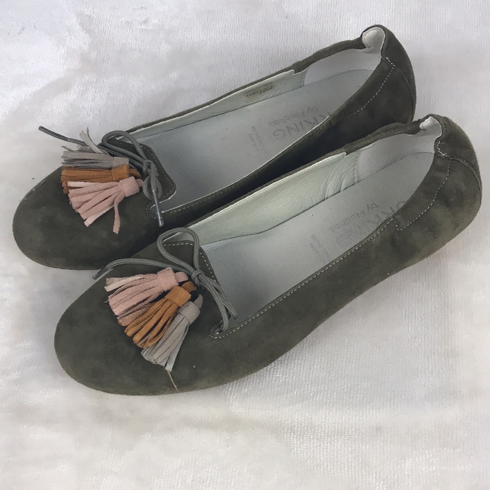 Women's Suede Tassel Loafers - Olive Green. Made in Spain.